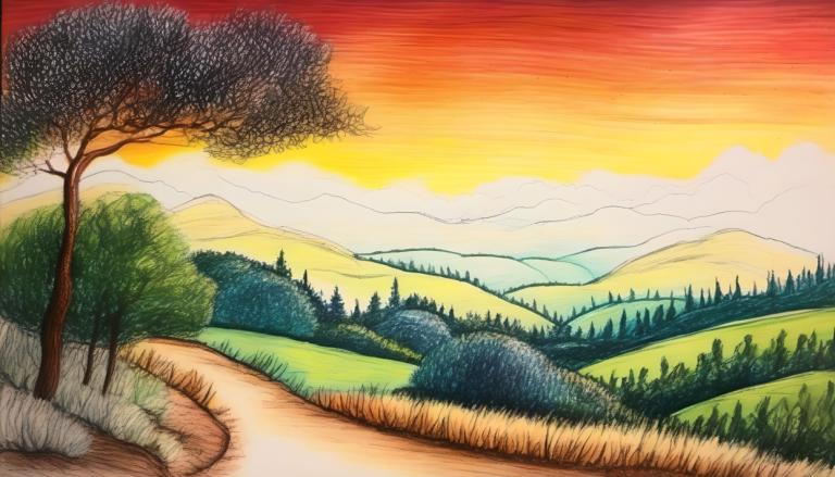 Crayon Drawing,Crayon Drawing, Nature, landscape, no humans, tree, outdoors, scenery, sky, grass, cloud