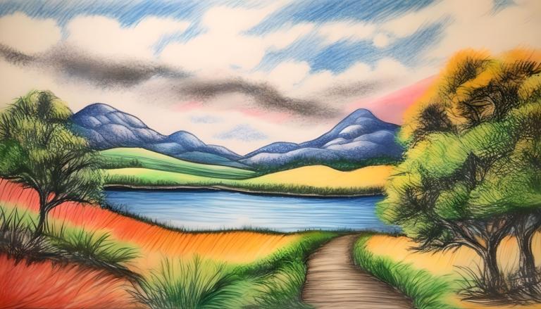 Dessin au crayon,Dessin au crayon, Nature, paysage, pas d'humains, nuage, en plein air, arbre, ciel, paysage