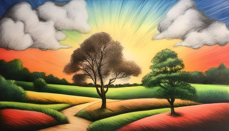 Crayon Drawing,Crayon Drawing, Nature, landscape, no humans, tree, outdoors, sky, cloud, scenery, grass