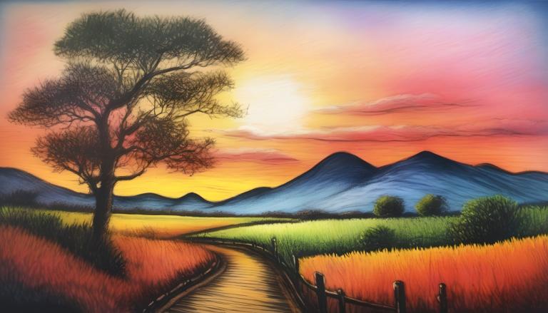 Crayon Drawing,Crayon Drawing, Nature, landscape, no humans, tree, scenery, sunset, outdoors, sky, grass