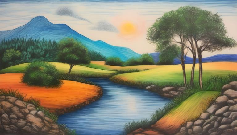 Crayon Drawing,Crayon Drawing, Nature, landscape, no humans, tree, outdoors, scenery, grass, river, sky, sun