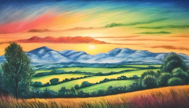 Crayon Drawing,Crayon Drawing, Nature, landscape, no humans, scenery, outdoors, sunset, sky, nature, grass