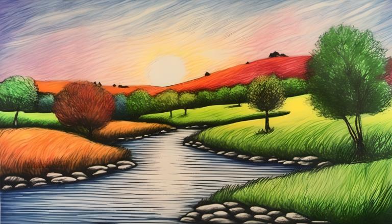 Crayon Drawing,Crayon Drawing, Nature, landscape, no humans, outdoors, scenery, tree, river, grass, sunset