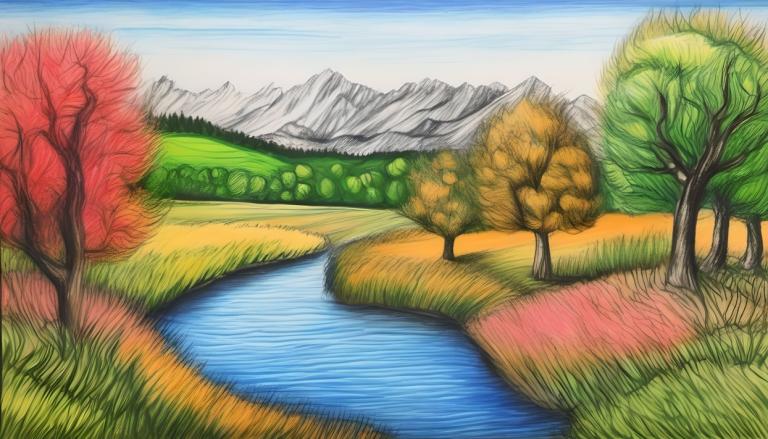 Crayon Drawing,Crayon Drawing, Nature, landscape, no humans, tree, outdoors, scenery, grass, day, sky, river