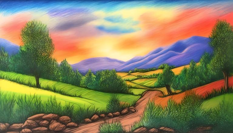 Crayon Drawing,Crayon Drawing, Nature, landscape, no humans, outdoors, scenery, sky, grass, tree, cloud