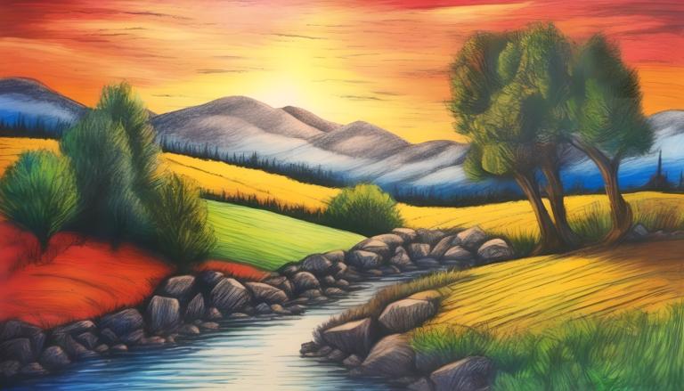 Crayon Drawing,Crayon Drawing, Nature, landscape, no humans, tree, outdoors, scenery, sunset, grass, river