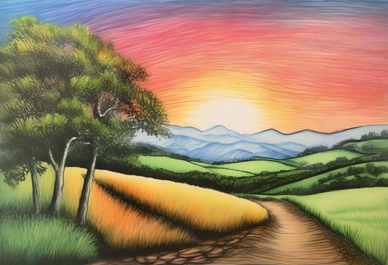 Crayon Drawing,Crayon Drawing, Nature, landscape, no humans, tree, outdoors, scenery, grass, sky, sunset