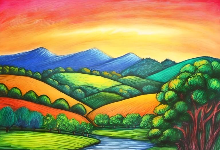 Crayon Drawing,Crayon Drawing, Nature, landscape, no humans, tree, scenery, outdoors, traditional media