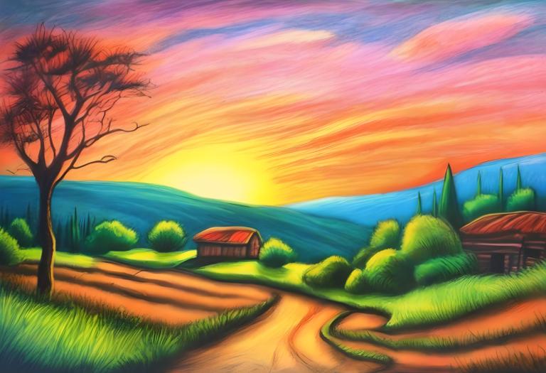 Crayon Drawing,Crayon Drawing, Nature, landscape, no humans, tree, sunset, scenery, outdoors, grass, sky