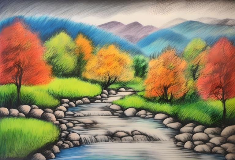 Crayon Drawing,Crayon Drawing, Nature, landscape, no humans, tree, outdoors, scenery, traditional media, day