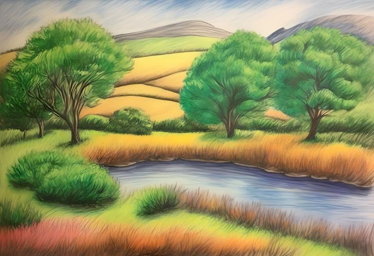 Crayon Drawing,Crayon Drawing, Nature, landscape, no humans, tree, outdoors, grass, scenery, sky, day, river