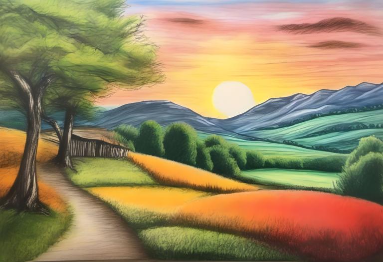 Crayon Drawing,Crayon Drawing, Nature, landscape, no humans, tree, outdoors, scenery, sky, grass, sunset