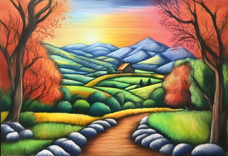 Crayon Drawing,Crayon Drawing, Nature, landscape, tree, no humans, outdoors, mountain, sky, scenery, grass