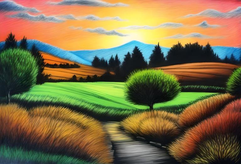 Crayon Drawing,Crayon Drawing, Nature, landscape, no humans, outdoors, scenery, sunset, sky, cloud, grass