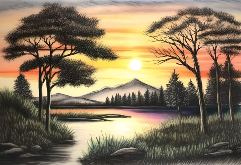 Crayon Drawing,Crayon Drawing, Nature, landscape, no humans, tree, scenery, outdoors, grass, sunset, lake