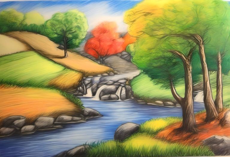 Crayon Drawing,Crayon Drawing, Nature, landscape, no humans, tree, outdoors, day, water, river, grass, sky