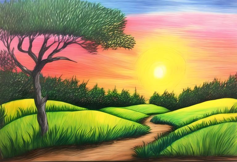 Crayon Drawing,Crayon Drawing, Nature, landscape, no humans, tree, grass, outdoors, sky, scenery, sun, sunset