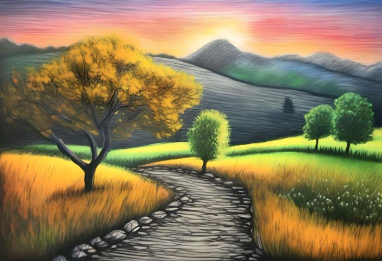 Crayon Drawing,Crayon Drawing, Nature, landscape, no humans, tree, scenery, outdoors, grass, sunset, sky