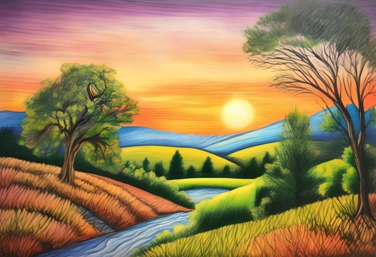 Dessin au crayon,Dessin au crayon, Nature, paysage, pas d'humains, arbre, paysage, coucher de soleil