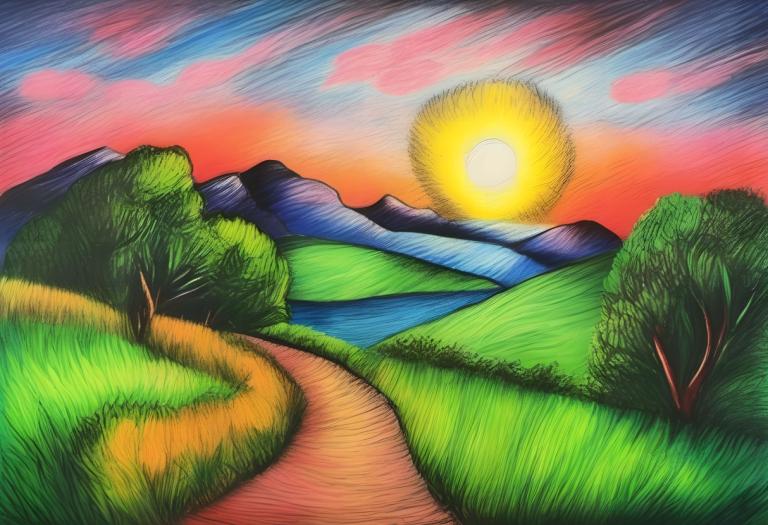 Crayon Drawing,Crayon Drawing, Nature, landscape, no humans, tree, sky, sun, outdoors, cloud, mountain