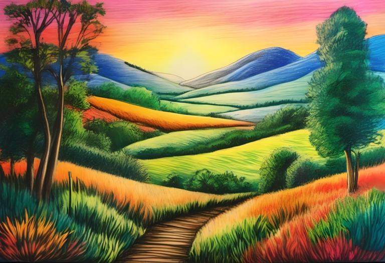 Crayon Drawing,Crayon Drawing, Nature, landscape, no humans, outdoors, tree, scenery, grass, sunset, sky