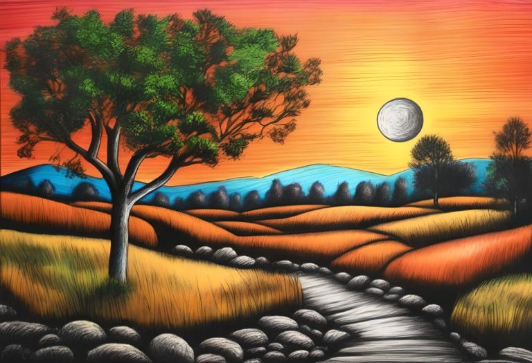 Crayon Drawing,Crayon Drawing, Nature, landscape, no humans, tree, scenery, outdoors, sunset, sun, sky, grass