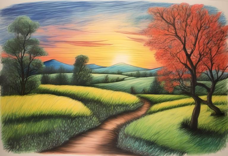 Crayon Drawing,Crayon Drawing, Nature, landscape, no humans, tree, scenery, outdoors, grass, sunset, sky