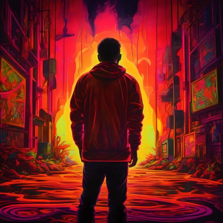 Fluorescent Painting,Fluorescent Painting, People, man, 1boy, male focus, solo, black hair, from behind, hood