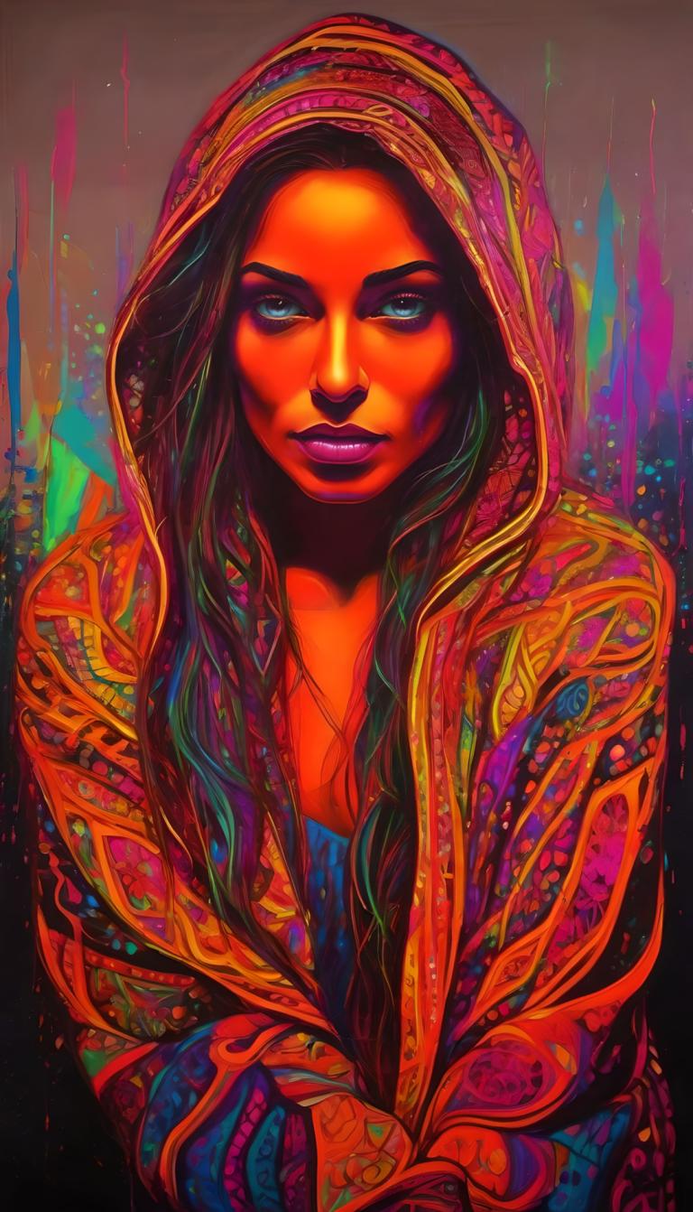 Fluorescent Painting,Fluorescent Painting, People, woman, 1girl, solo, colorful, hood, long hair