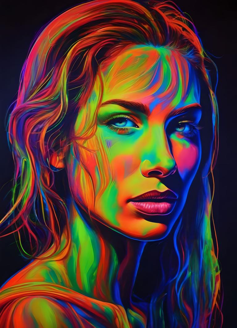 Fluorescerend schilderij,Fluorescerend schilderij, Mensen, vrouw, 1meisje, solo, portret, zwarte achtergrond