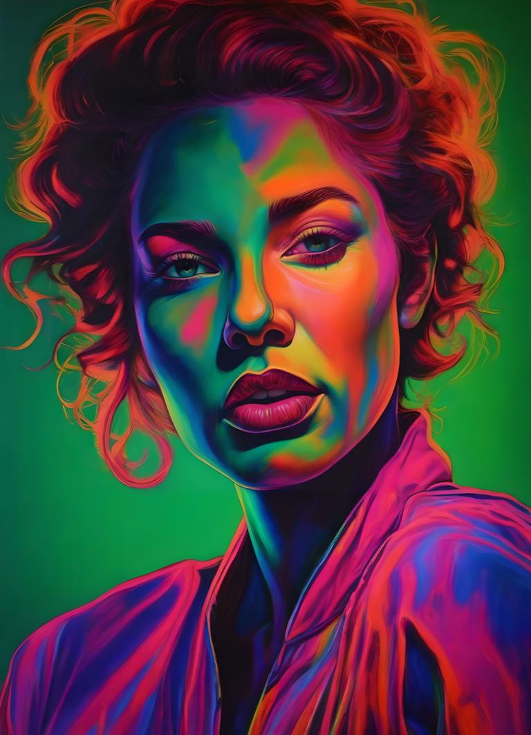 Fluorescent Painting,Fluorescent Painting, People, woman, solo, green background, curly hair