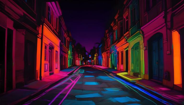 Fluorescent Painting,Fluorescent Painting, City, street, road, scenery, no humans, night, outdoors, street