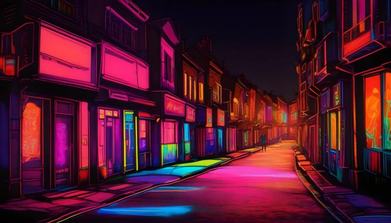 Fluorescent Painting,Fluorescent Painting, City, street, no humans, road, scenery, street, night, outdoors