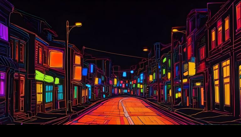 Fluorescent Painting,Fluorescent Painting, City, street, road, no humans, street, night, scenery, outdoors