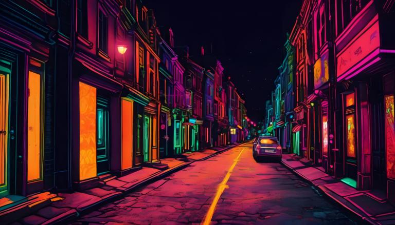 Fluorescent Painting,Fluorescent Painting, City, street, road, scenery, street, night, outdoors, sky