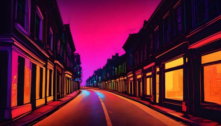 Fluorescent Painting,Fluorescent Painting, City, street, no humans, road, scenery, street, outdoors, building