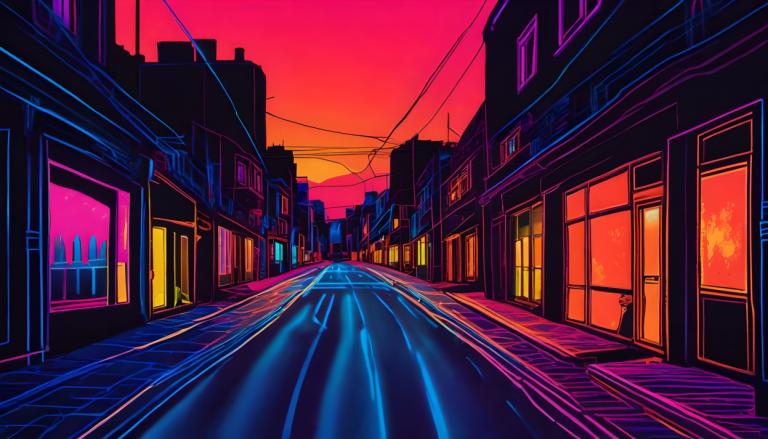 Fluorescent Painting,Fluorescent Painting, City, street, no humans, scenery, outdoors, sunset, building, road