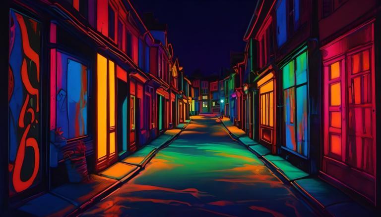 Fluorescent Painting,Fluorescent Painting, City, street, no humans, scenery, night, road, outdoors, street