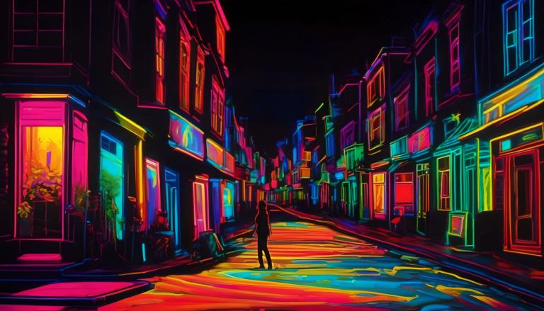 Peinture fluorescente,Peinture fluorescente, Ville, rue, route, en plein air, nuit, coloré, bâtiment, solo