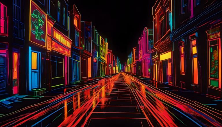 Fluorescent Painting,Fluorescent Painting, City, street, no humans, scenery, neon lights, night, road