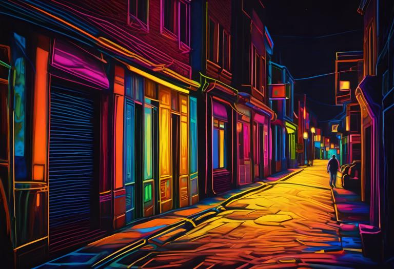 Fluorescent Painting,Fluorescent Painting, City, street, scenery, night, road, solo, vanishing point