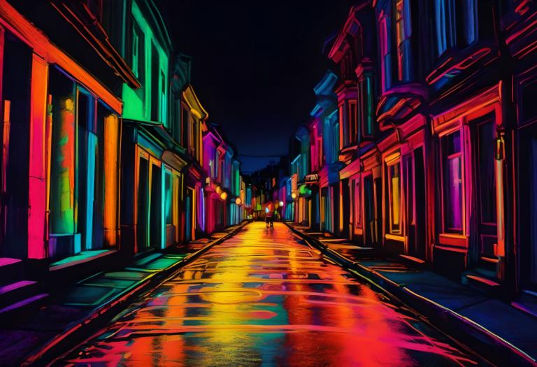 Fluorescent Painting,Fluorescent Painting, City, street, night, scenery, road, outdoors, solo, street, sky