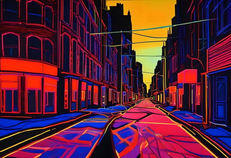 Fluorescent Painting,Fluorescent Painting, City, street, building, scenery, outdoors, sunset, solo, city