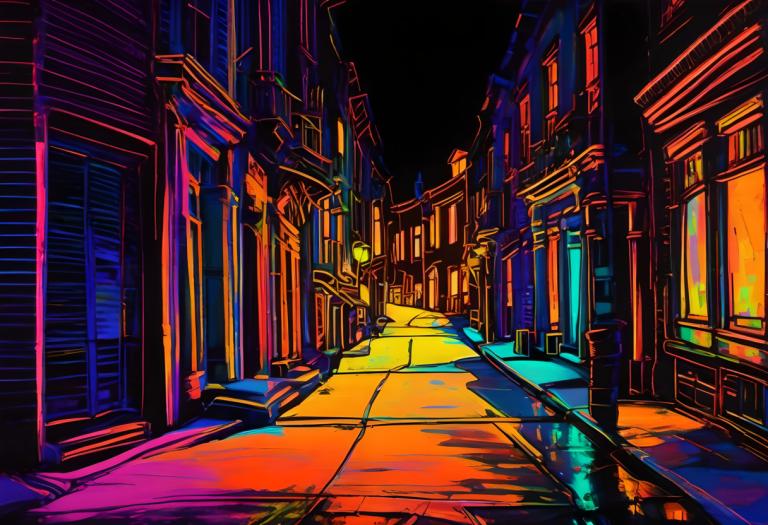 Fluorescent Painting,Fluorescent Painting, City, street, scenery, no humans, night, road, outdoors, building