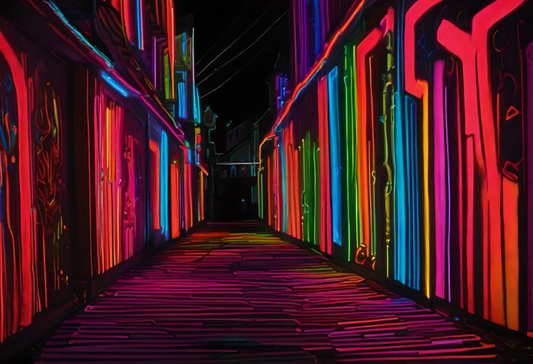 Fluorescent Painting,Fluorescent Painting, City, street, no humans, scenery, alley, outdoors, indoors, dark