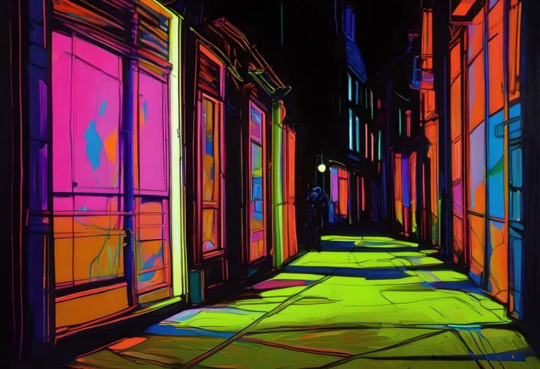 Fluorescent Painting,Fluorescent Painting, City, street, night, scenery, solo, window, outdoors, road