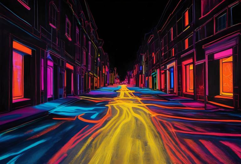 Fluorescent Painting,Fluorescent Painting, City, street, night, scenery, outdoors, building, no humans, road