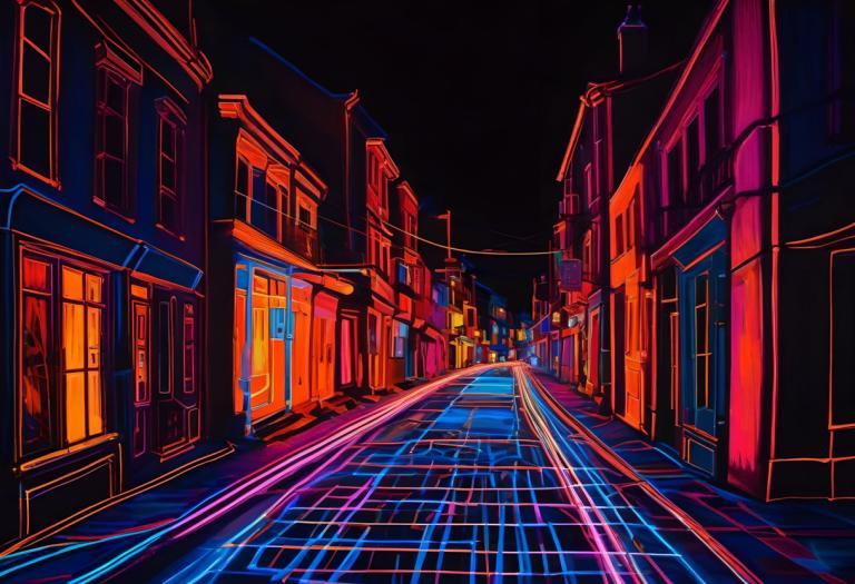 Fluorescent Painting,Fluorescent Painting, City, street, scenery, outdoors, night, no humans, building, road