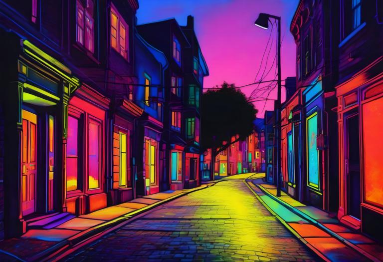 Fluorescent Painting,Fluorescent Painting, City, street, no humans, scenery, road, street, lamppost, outdoors