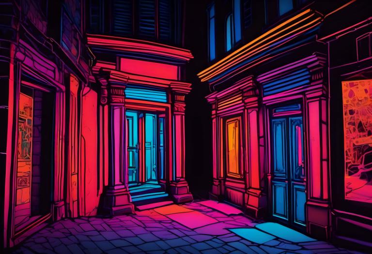 Fluorescent Painting,Fluorescent Painting, City, street, no humans, scenery, window, door, road, alley